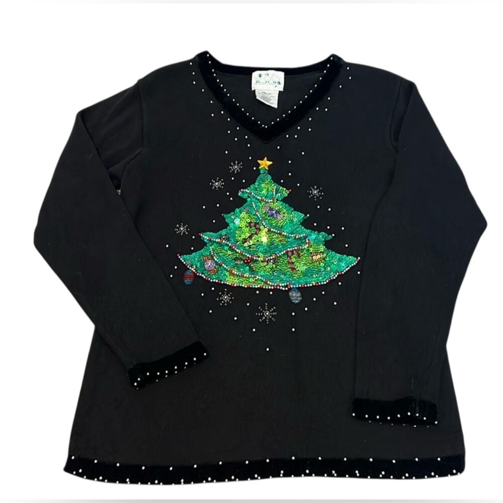 The‎ Quacker Factory Sweater Woman’s M Med Christmas Sequined Velour V-neck Cozy